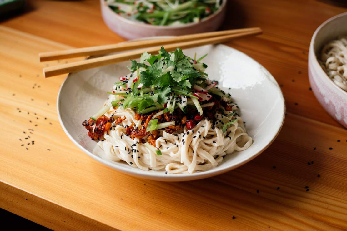 R663 Vegan Sesame Udon Noodles with Spicy Soy Mince