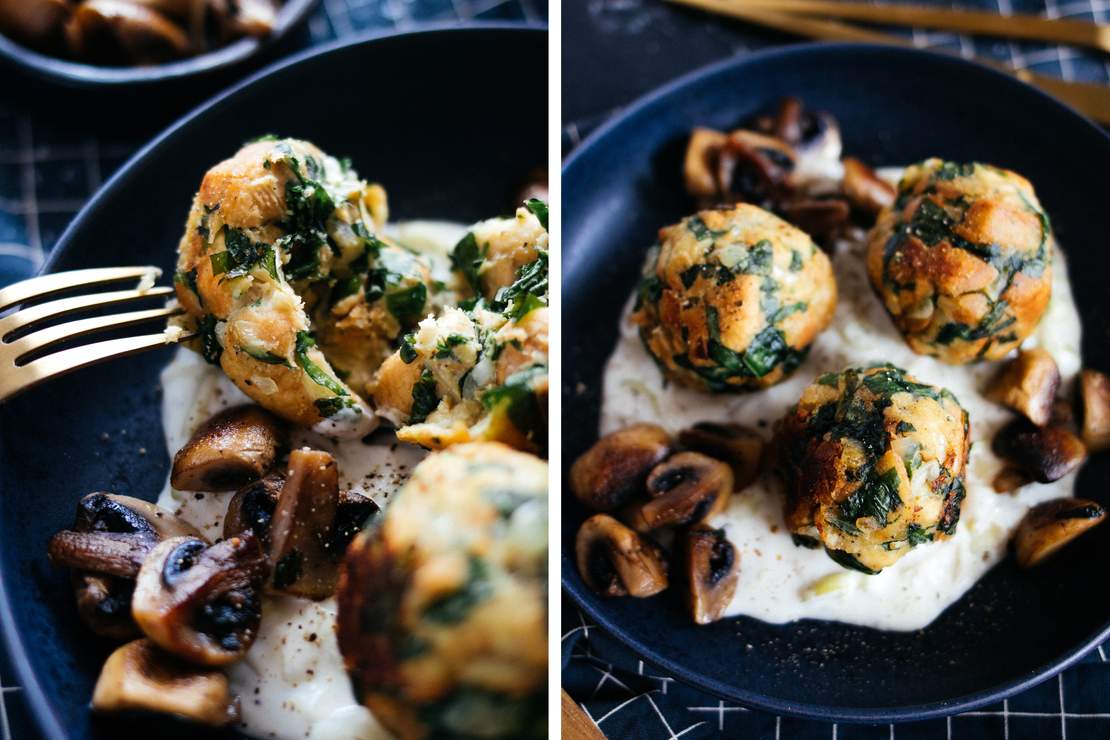 R500 Vegane Bärlauchknödel mit Lauch-Sahne-Sauce