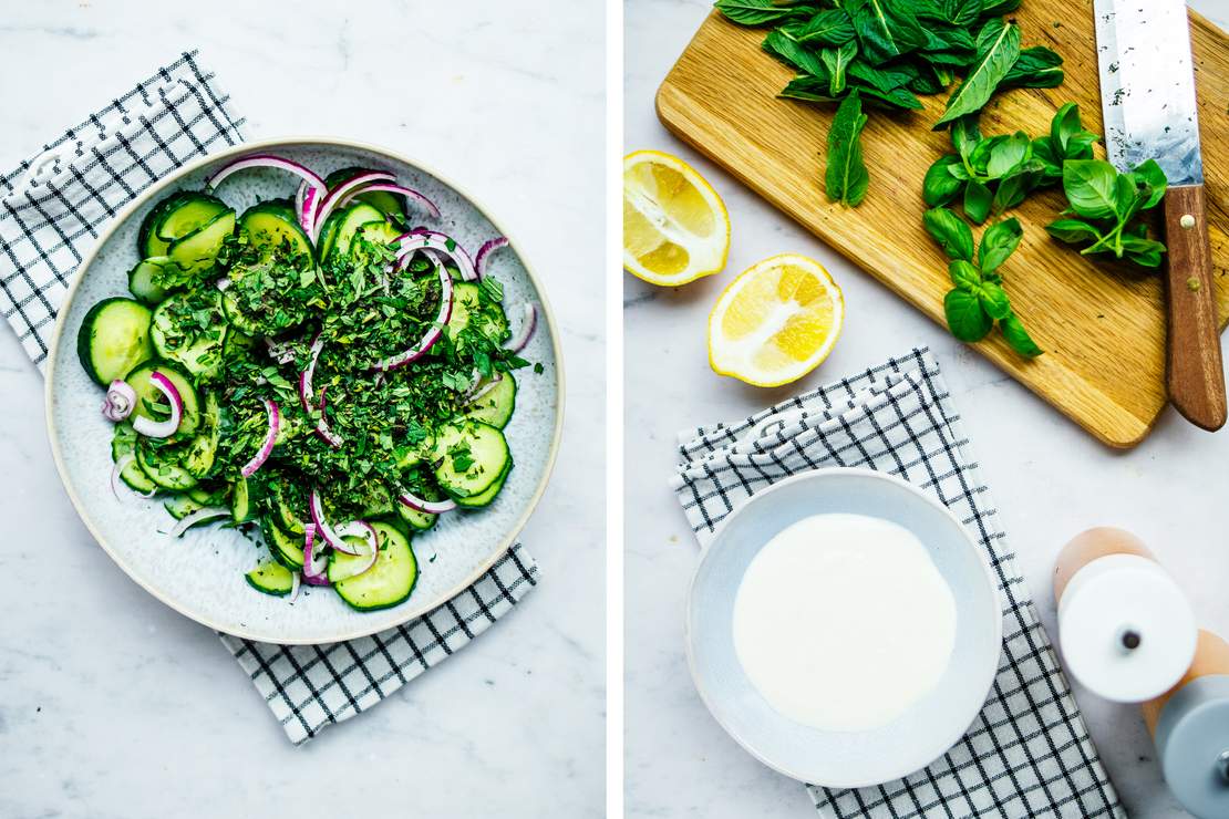 R548 Vegan “Chicken“ Sandwich with Cucumber-Mint Salad