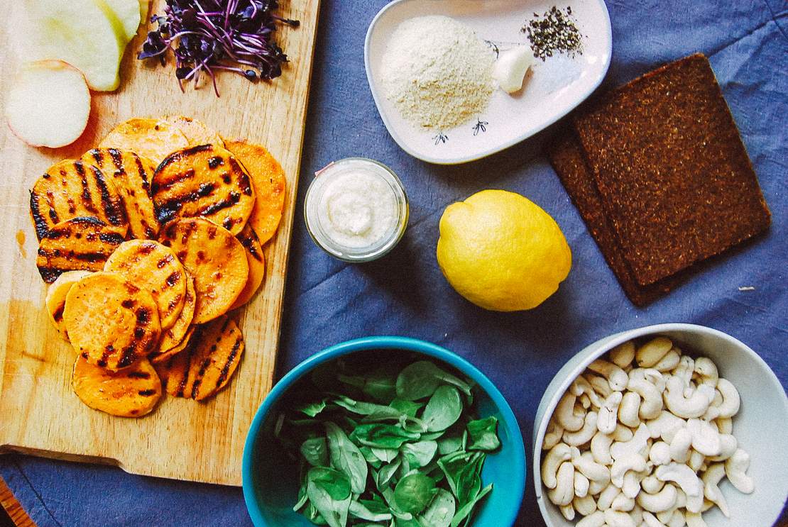 R28 Sweet potato sandwich with vegan horseradish cashew ricotta