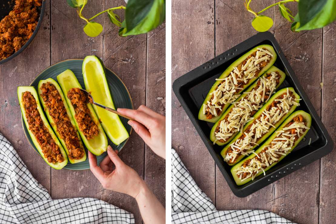 R394 Gefüllte Zucchini mit veganem Hackfleisch