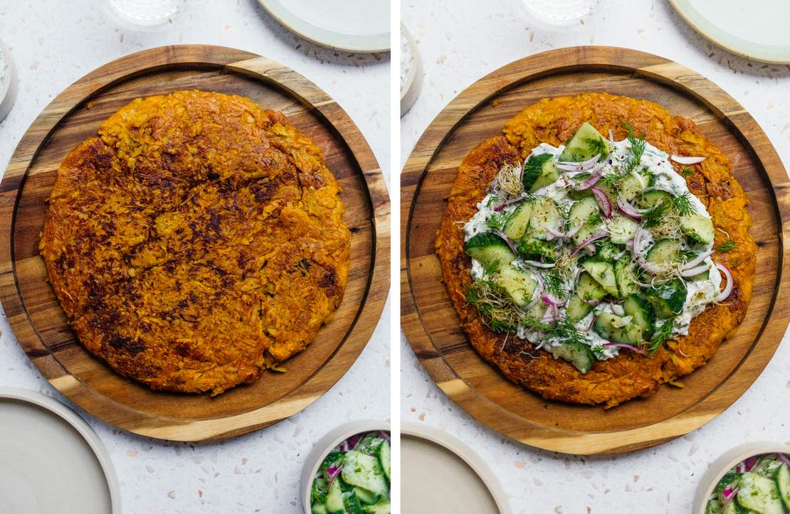 R52 Vegane Süßkartoffel-Rösti mit Zitrone-Kräuter-Quark und Gurkensalat