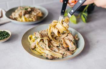 Creamy Tagliatelle with Soy Chunks and Chanterelles