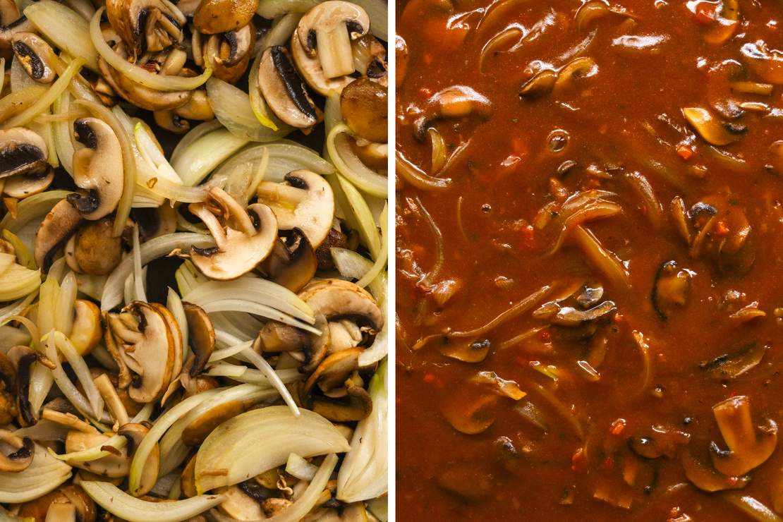 R869 Veganes Hamburger-Steak mit Kartoffelbrei und Zwiebel-Pilz-Soße