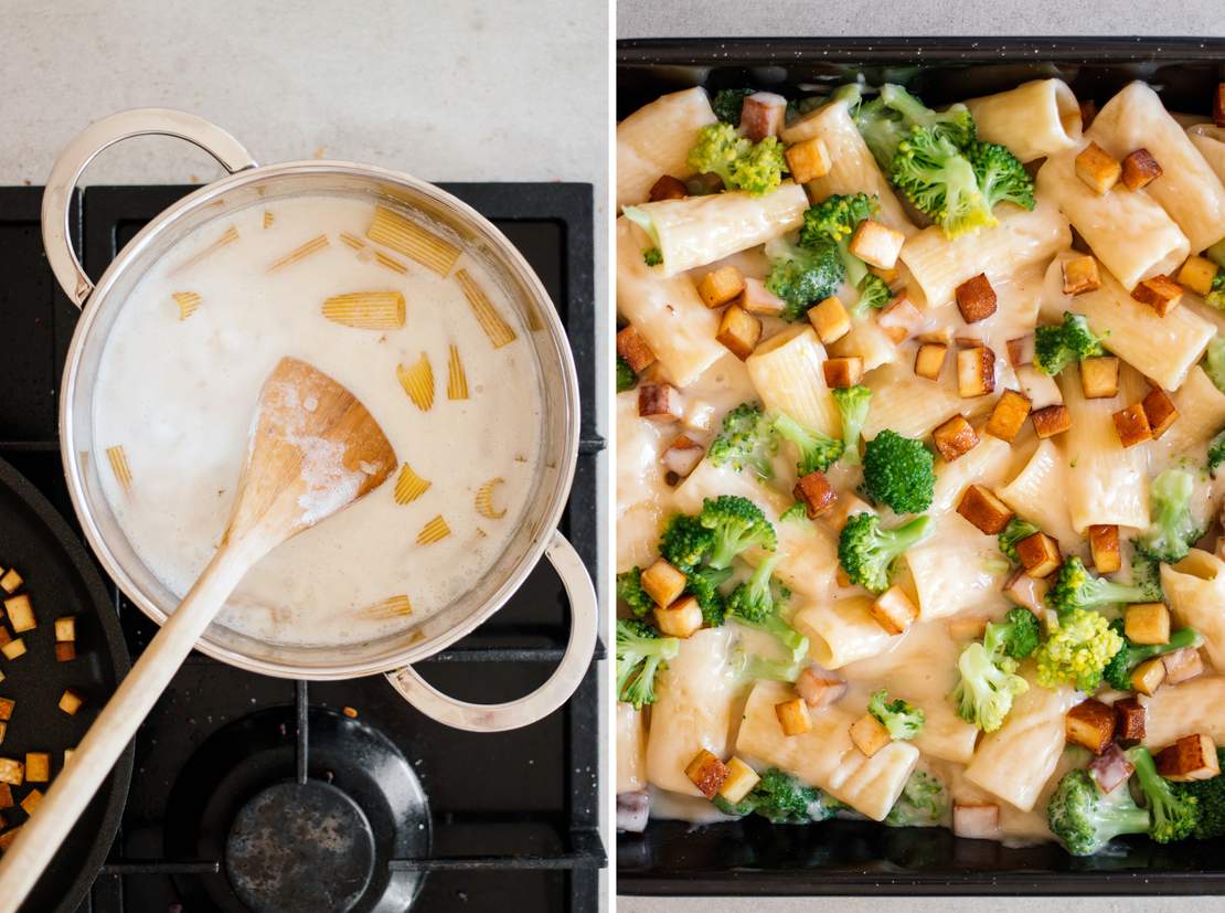 R681 Veganes Nudel-Schinken-Gratin mit Brokkoli