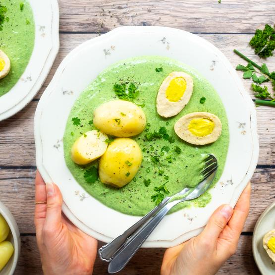 Vegan Green Sauce with Potatoes and Plant-Based Egg