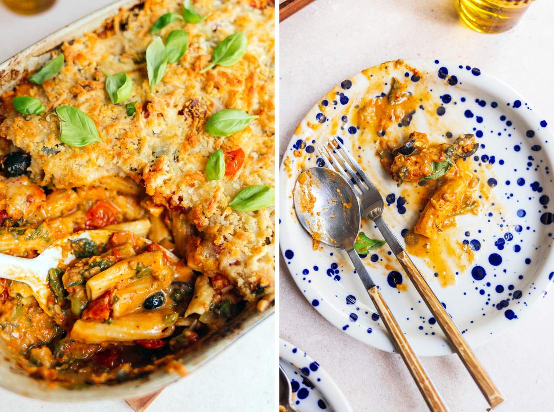 R880 Vegan One-Pot Pesto Pasta Bake with Crispy Cheesy Crust