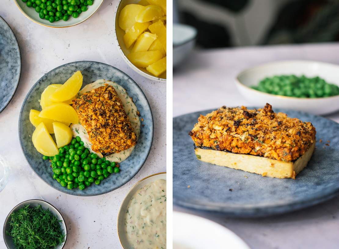 R574 Herb Crusted Tofu with Lemon Mustard Sauce, Boiled Potatoes, and Peas