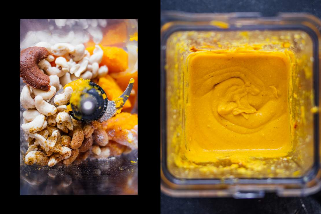 R568 Vegan Pumpkin Mac and Cheese with Roasted Brussels Sprouts