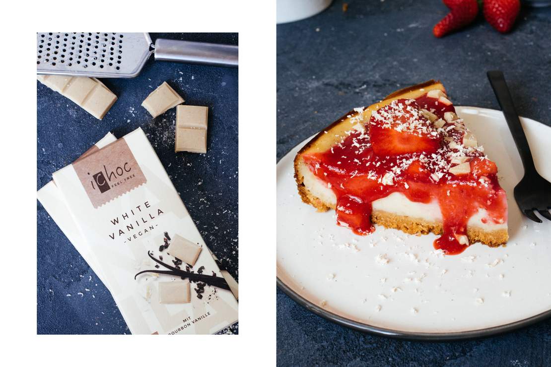 R378 Veganer New York Cheesecake mit Erdbeeren & weißer Schokolade