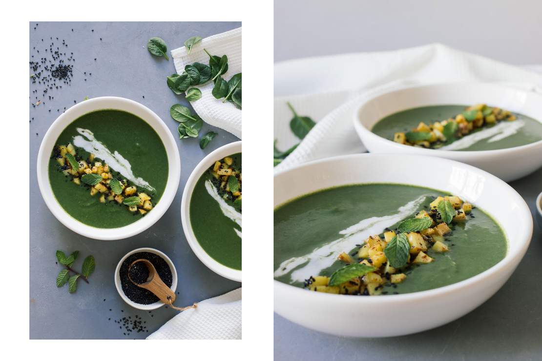 R257 Spinach soup with mint and potato topping