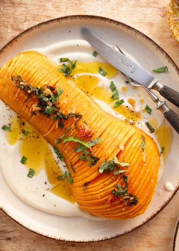 Hassleback Pumpkin with Feta Dip & Basil Butter