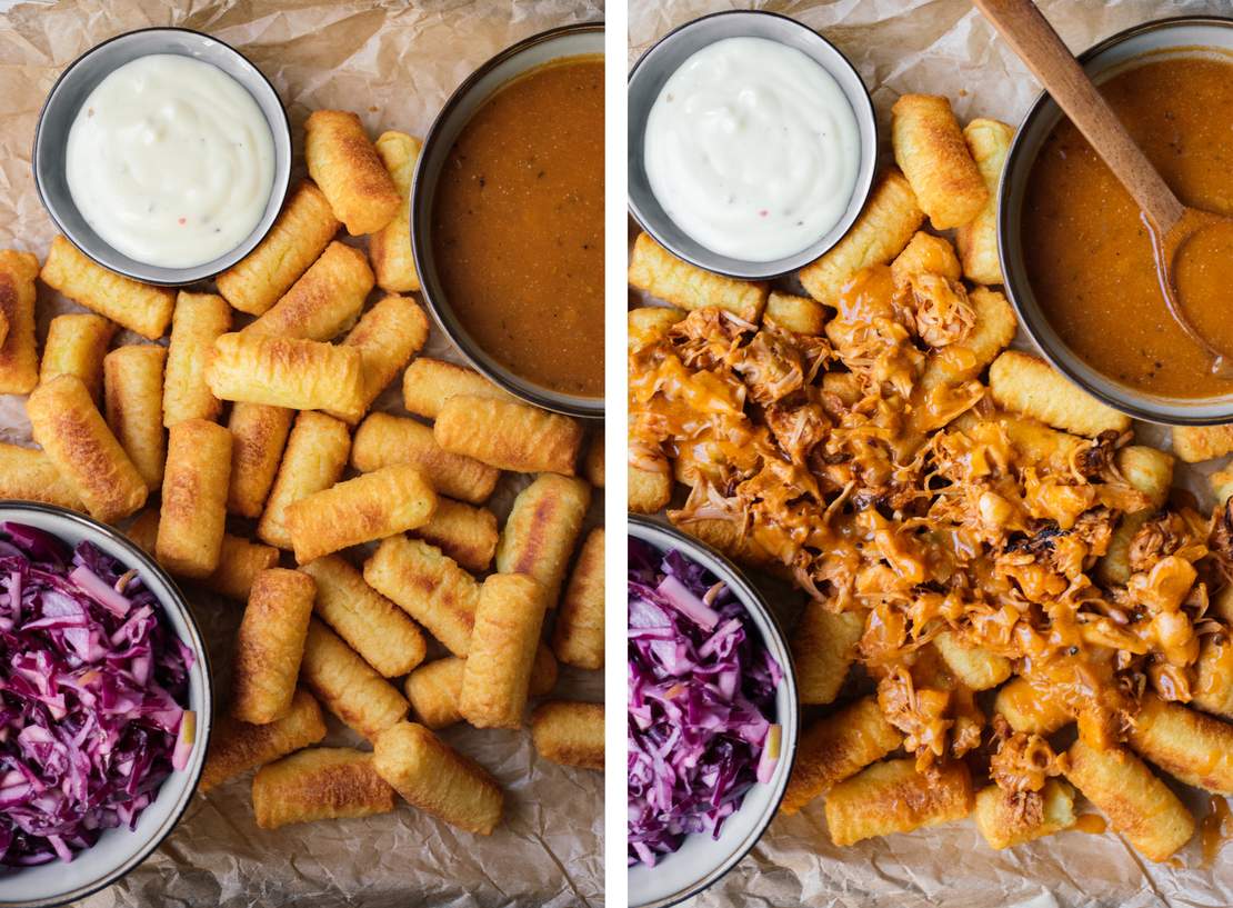 R599 Loaded Tater Tots with Jackfruit, Red Cabbage, And Quick Vegan Gravy