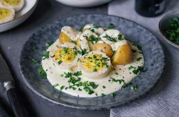 Vegan Boiled Eggs in Creamy Mustard Sauce with Potatoes