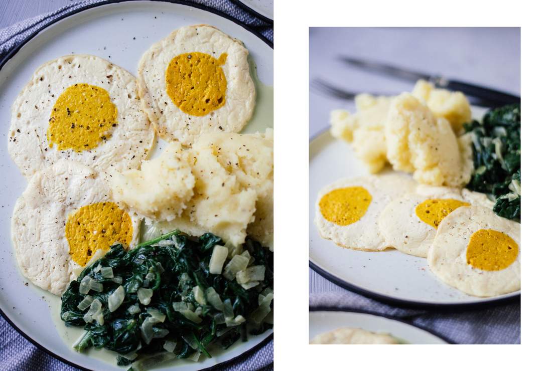 R448 Mashed potatoes with creamed spinach and vegan fried eggs