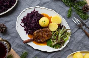 Vegan Duck Legs with Dumplings and Red Cabbage