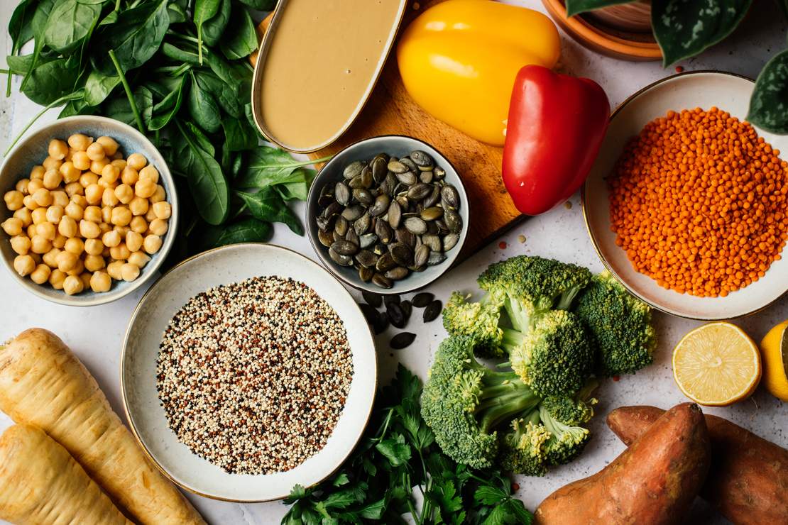 R608 Veggie Bowl with Quinoa, Lentils, Sesame Dressing, and Crispy Chickpeas