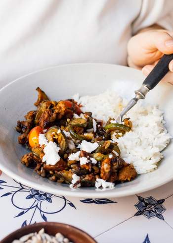 Vegan Zucchini Beef Skillet with Rice & Feta