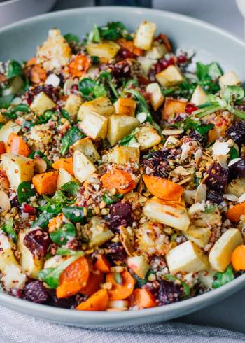 Winter Salad with Couscous, Quinoa, Roasted Veggies and Turmeric Dressing
