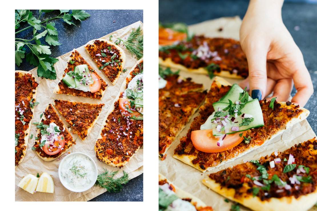 Vegan Turkish Pizzas with herbed yogurt