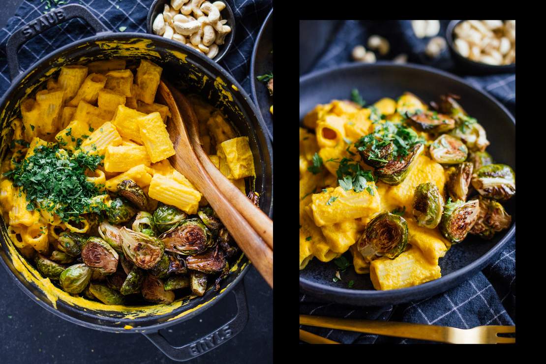 R568 Vegan Pumpkin Mac and Cheese with Roasted Brussels Sprouts