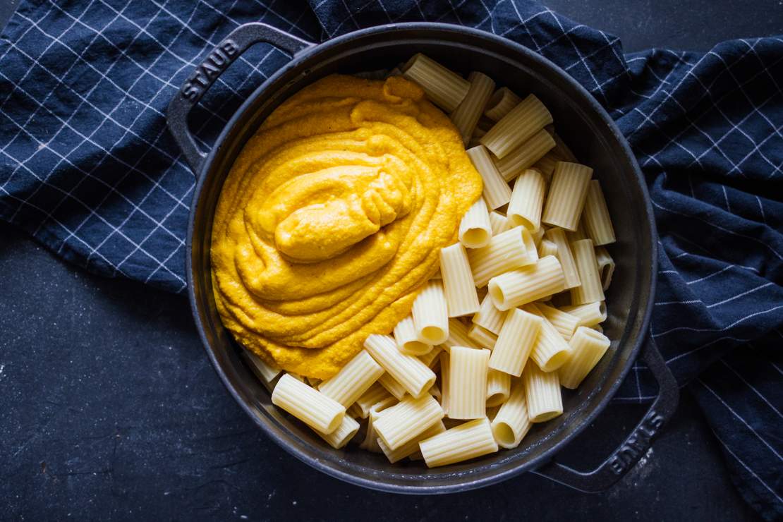 R568 Vegan Pumpkin Mac and Cheese with Roasted Brussels Sprouts