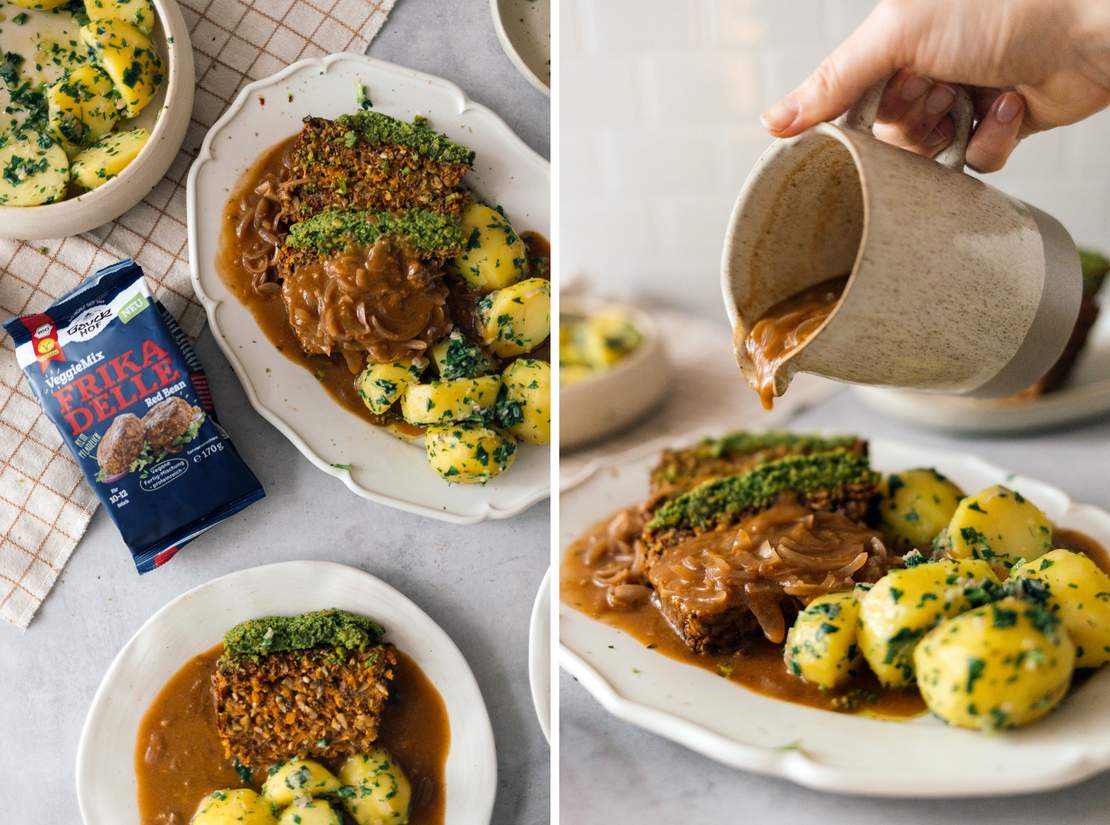 R852 Veganer Braten mit Kräuterkruste, Petersilienkartoffeln und Zwiebel-Soße