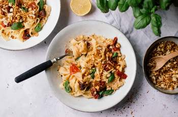 Pasta with Creamy White Bean Sauce and Garlicky Breadcrumb Topping