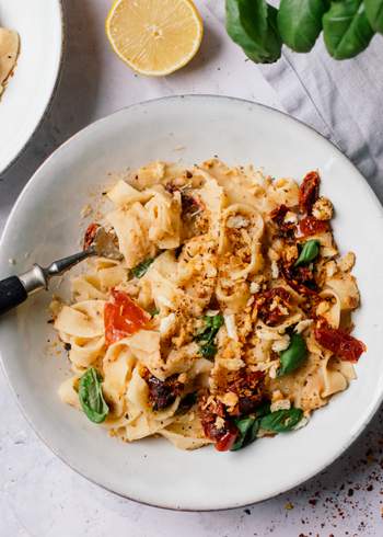Pasta with Creamy White Bean Sauce and Garlicky Breadcrumb Topping