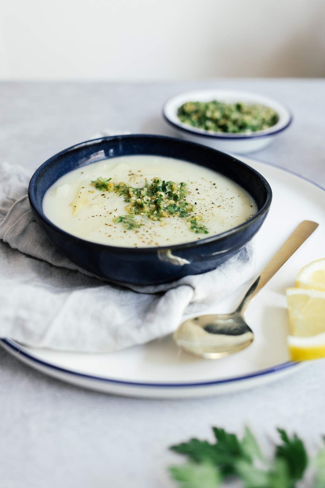 R7 Vegan Asparagus Soup with Hazelnut Parsley Topping