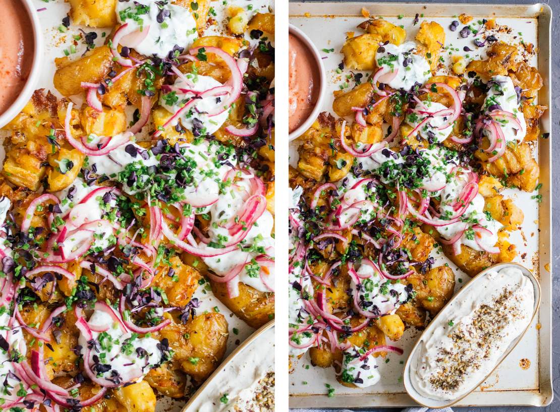 R449 Crispy Baked Smashed Potatoes with Vegan Dips