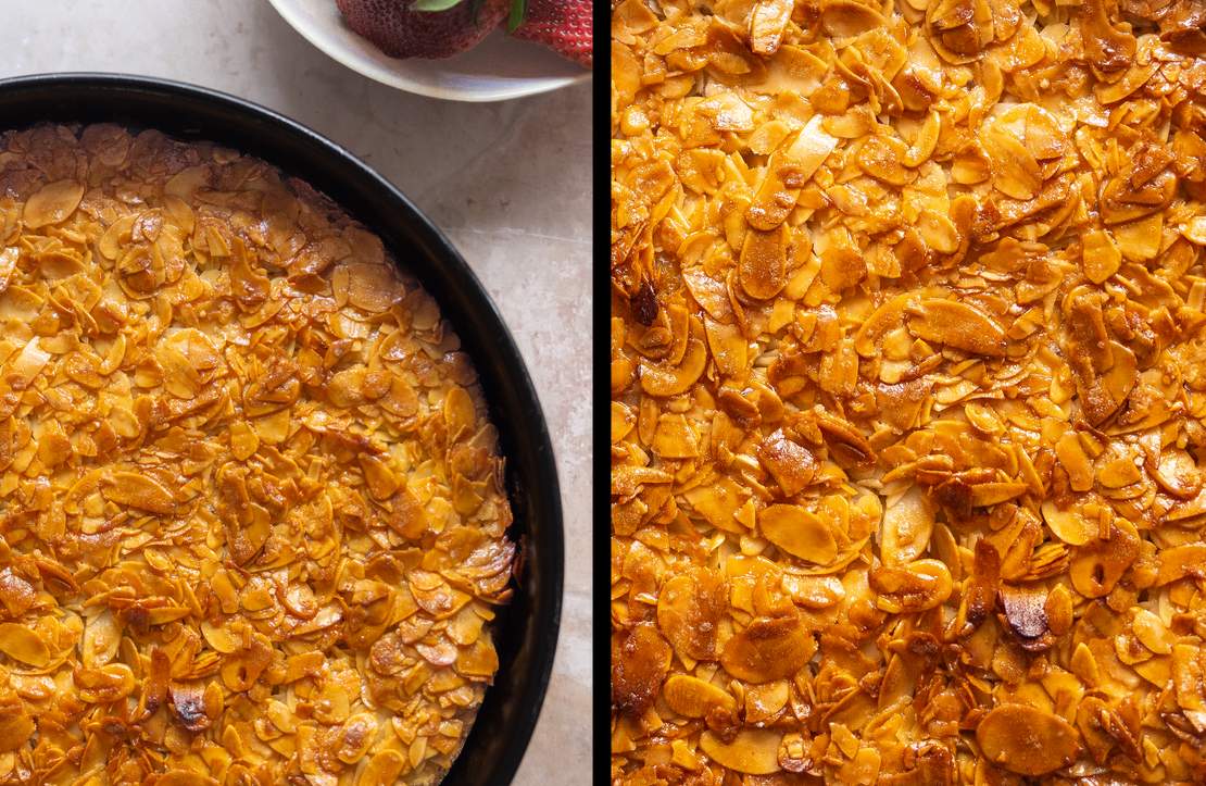 R965 - Bienenstich x Rhabarber - Veganer Bienenstich Käsekuchen mit Rhabarber und Erdbeerkompott