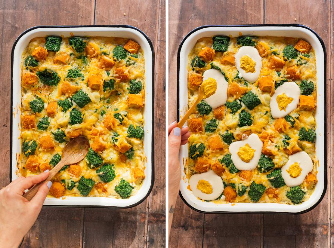 R889 Vegan potato bake with spinach, plant-based fish fingers and "egg"