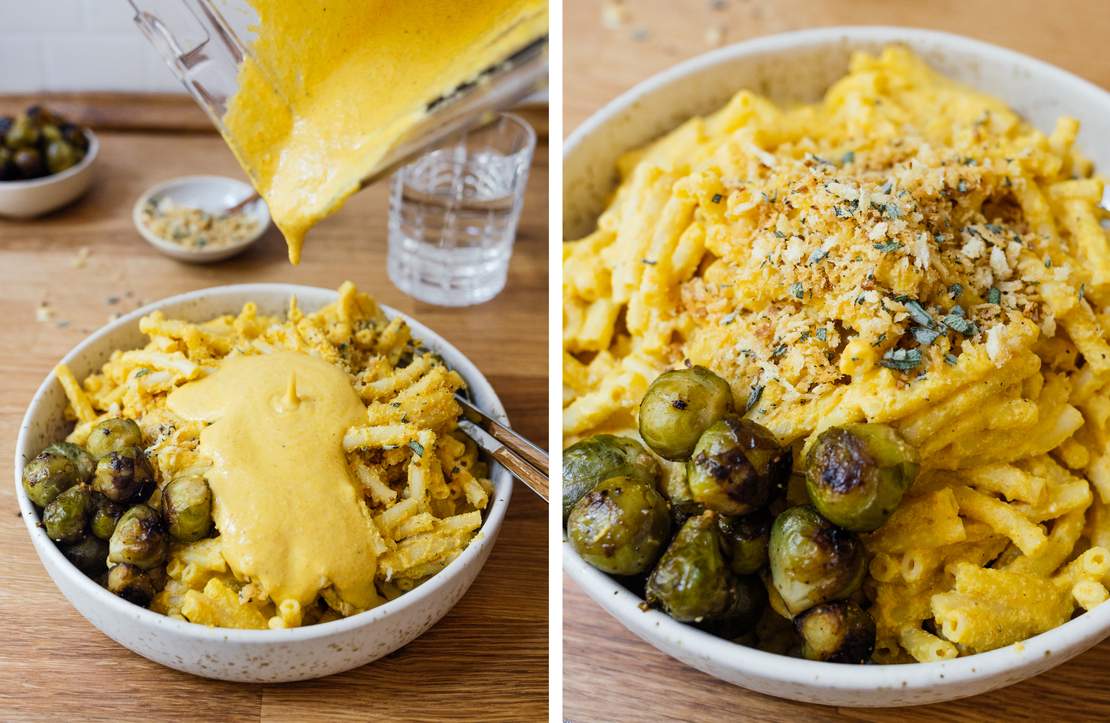 R568 Vegan Pumpkin Mac and Cheese with Baked Brussels Sprouts