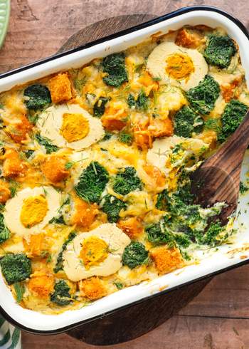 Vegan Potato Bake with Spinach, Plant-Based Fish Fingers and "Egg"