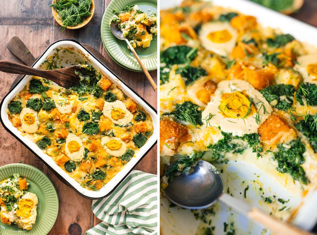 R889 Vegan potato bake with spinach, plant-based fish fingers and "egg"