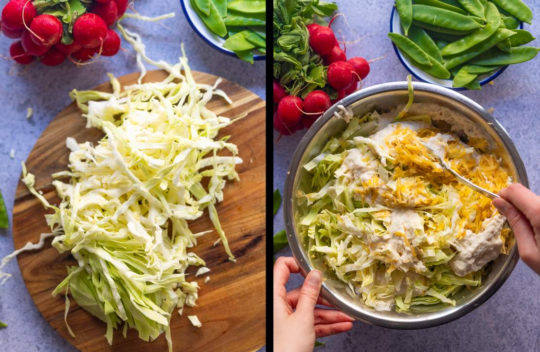 R972 Spitzkohl-Rösti mit Sour Cream und Radieschen-Gurken-Zuckerschoten-Salat