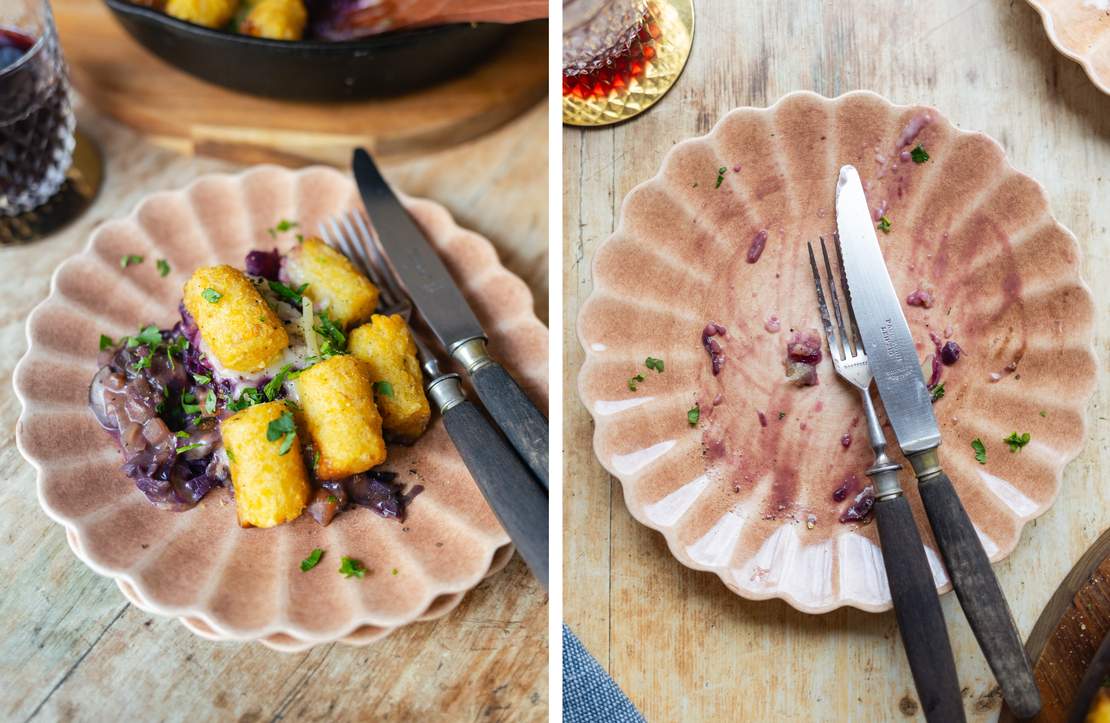 R938 Weihnachtlicher Kroketten-Auflauf mit Rotkraut und Pilzsoße