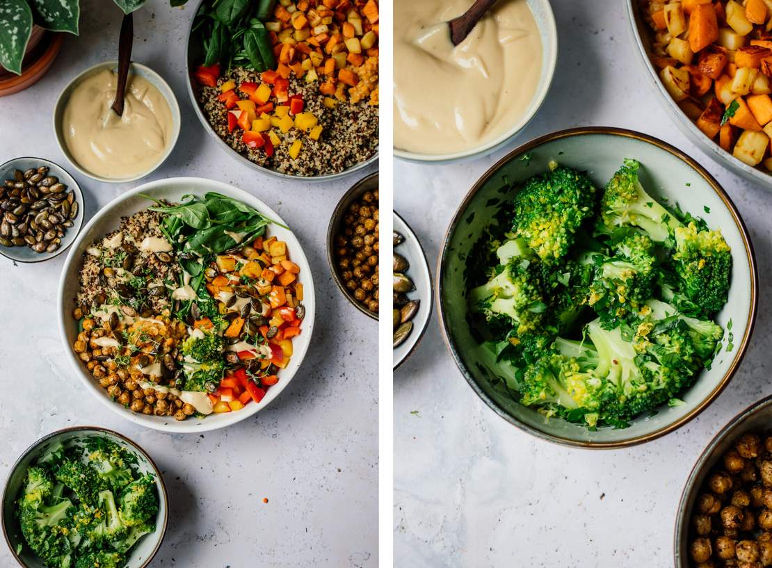 R608 Gemüse Bowl mit Quinoa, Linsen, Sesamdressing knusprigen Kichererbsen