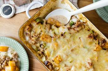 Vegan Cheese, Mince and Leek Casserole with Rutabaga