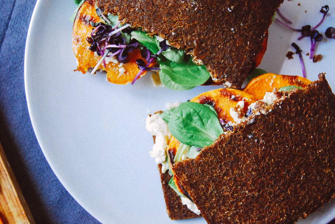 R28 Sweet potato sandwich with vegan horseradish cashew ricotta