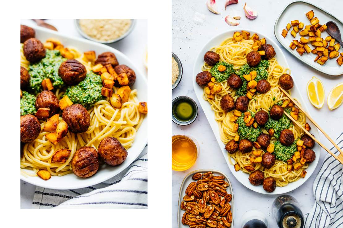 R604 Arugula Pesto Pasta with plant-based Meatballs & Parsnip