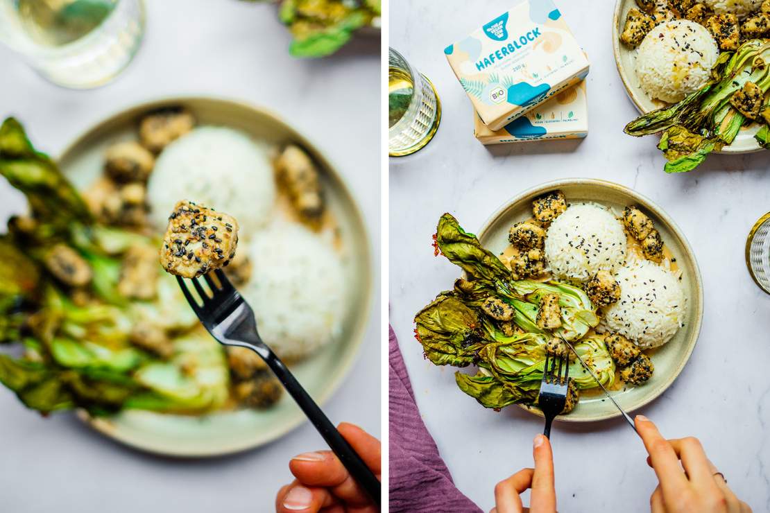 R705 Knusprige Tofustückchen mit Knoblauch-Reis und Pak Choi