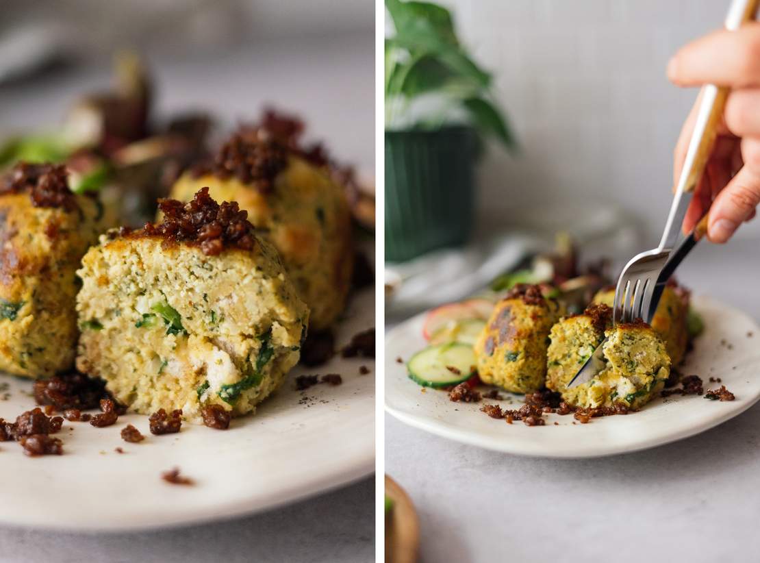 R840 Spinat-Tofu-Knödel mit knusprigem Topping und Salat