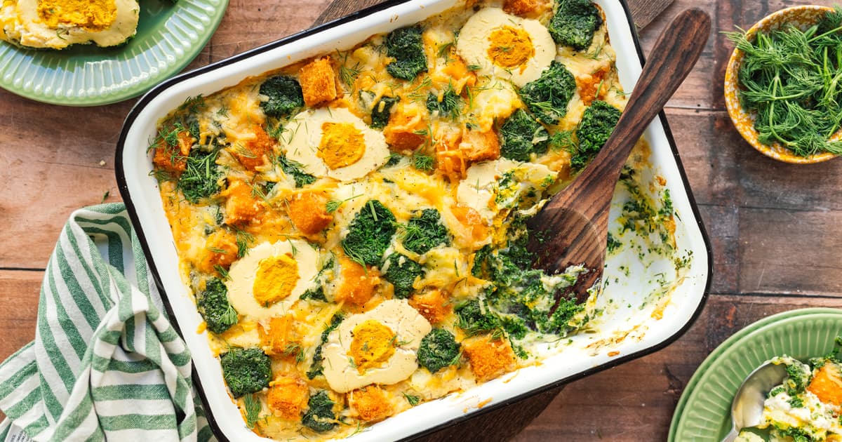 Potato Bake with Spinach, Vegan Fish Fingers and "Egg" | Zucker&Jagdwurst
