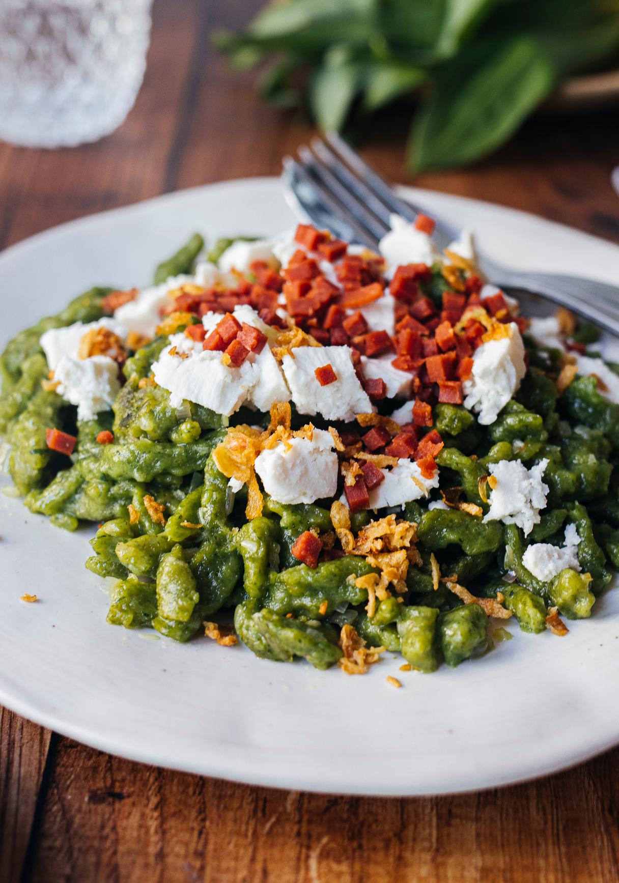 Vegan Wild Garlic Spaetzle with Plant–Based Feta & Bacon