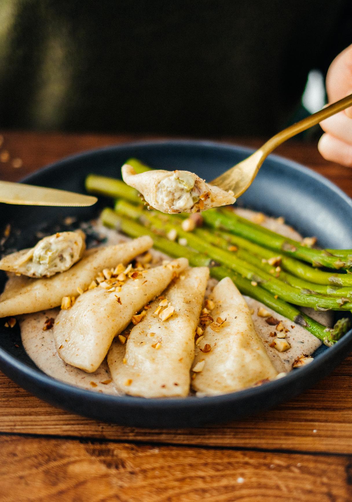 Mezzelune with Green Asparagus Filling and Lemon-Hazelnut Sauce