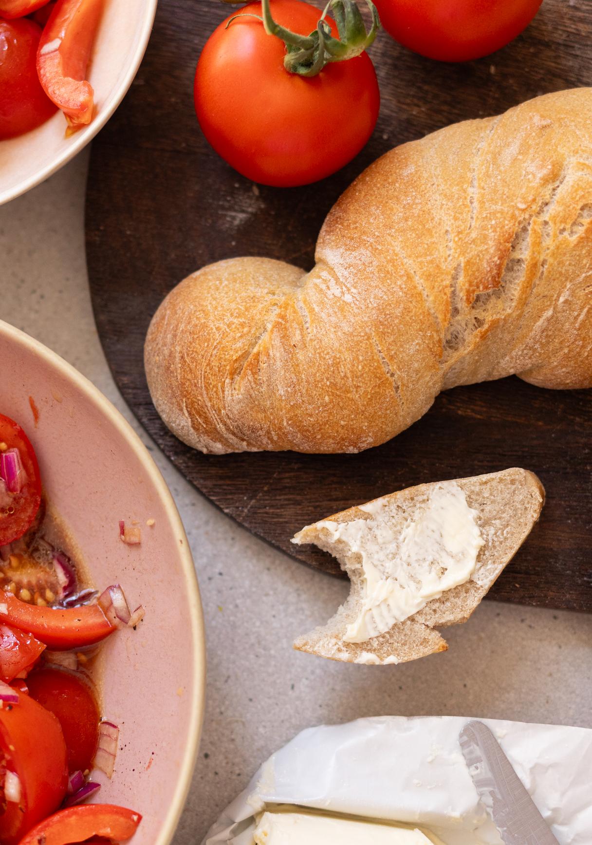 Twisted Sourdough Baguette with Tomato Salad