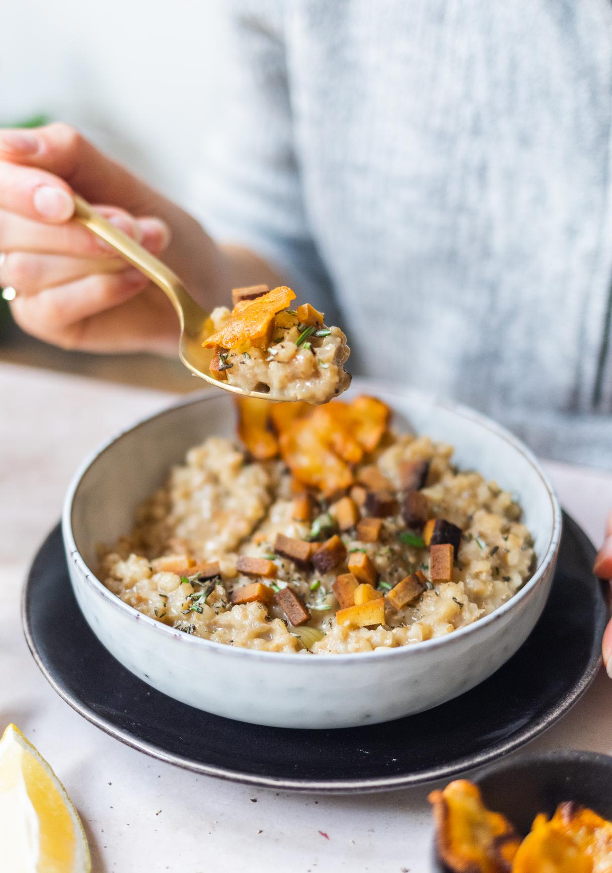 Vegan Pearl Barley Risotto with Jerusalem Artichoke Crisps
