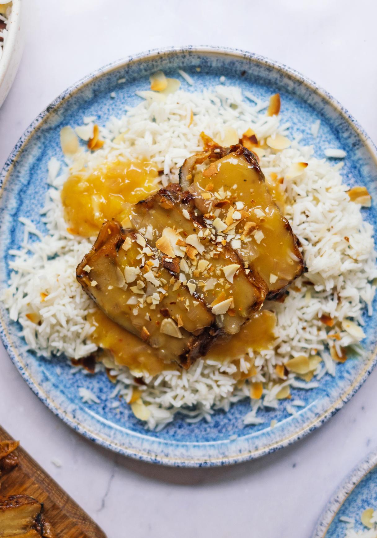 Plant-Based Duck with Orange Sauce and Almond Rice